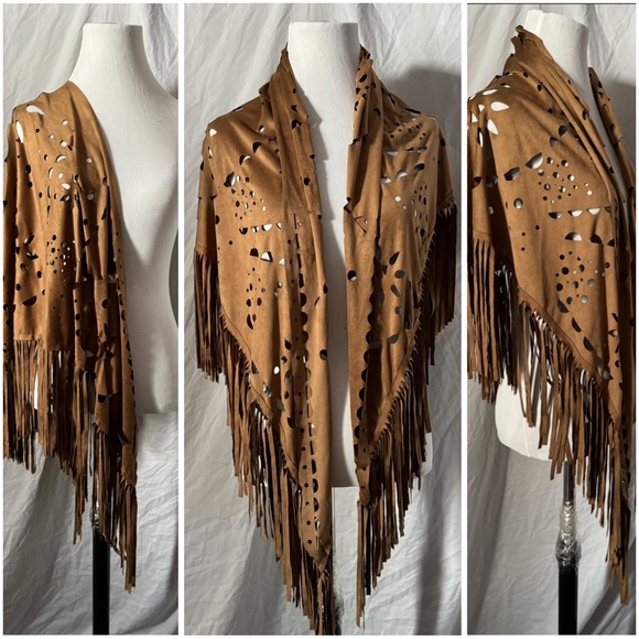 Retro, Contempo, Starburst Design, Faux Suede, Oversized Fringe Shawl - Picture 9 of 9
